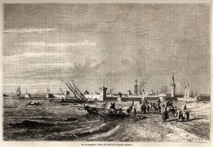 Vista de Essaouira (anteriormente Mogador), dibujo de Jules Noel (1810-1881), para ilustrar el viaje de Mr.F. Schickler a Marruecos en 1860. Grabado en “Le tour du monde, nuevo diario de viajes” París de Jules Achille Noel
