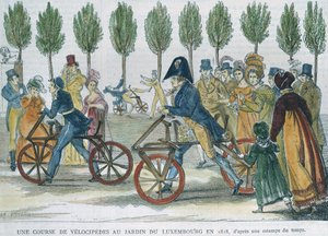 Una carrera de velocípedos en el Jardín de Luxemburgo en 1818 después de un grabado de la época, grabado por P. Comte (siglo XIX)