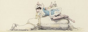 Artista de circo, acostada sobre un caballo, con palomas en su brazo y cabeza (litografía en color)