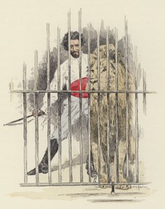 León y domador de leones en una jaula (litografía en color) de Jules Arsene (after) Garnier