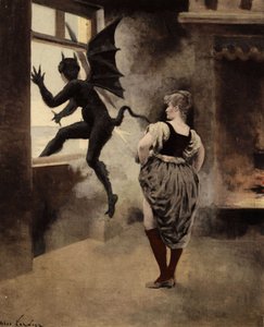 Una anciana de Papefiguiere asusta al Diablo que sale corriendo por la ventana. Pantagruel. Ilustración de Jules Garnier. En "Rabelais et l