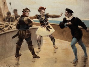 Disputa entre Panurge (derecha) y Dindenaut (Dindenault), mercader de Taillbourg, que niega su espada. Pantagruel. Ilustración de Jules Garnier. En "Rabelais et l