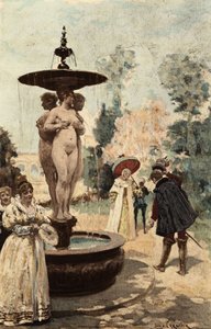 La fuente de la abadía de Theleme, las tres Gracias. Gargantúa. Ilustración de Jules Garnier. En "Rabelais et l