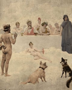 El dios de los jardines Príapo de vuelta ante el consejo de los dioses. En el centro, Iúpiter (Júpiter, Zeus). A su izquierda, Baco (Dionysos, Bacco). Abajo, un perro y un zorro. Pantagruel. Ilustración de Jules Garnier. En "Rabelais et l
