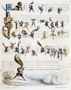 Notas de música en una partitura, dibujo de Baric de 1862 para ilustrar el libro infantil de Kroknotski que narra la historia de Martin Landor. de Jules Baric