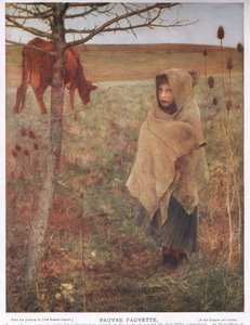 Francia, pequeña; niña; Fauvette; vaca; rural; pobre; ropa
