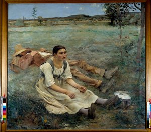 Una mujer sentada en la hierba junto a un hombre durmiendo durante la temporada de cosecha de Jules Bastien Lepage