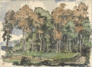 Carretera al borde de un bosque, con paisanos trabajando de Jules Chadel