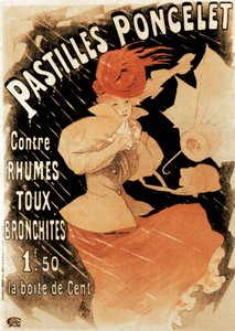 Cartel publicitario para Pastillas Poncelet, un remedio para el resfriado y la bronquitis, 1896