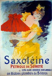 Cartel publicitario del producto "Saxoleine Petrole de surete": Una mujer pone aceite en una lámpara. Cartel publicitario 