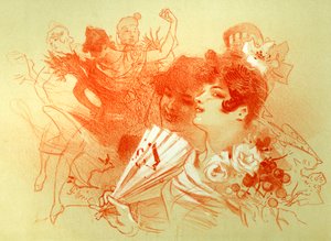 En el baile - dibujo (sanguina) por Jules Cheret - mujeres jóvenes y bailarines - danza - colección privada - de Jules Cheret