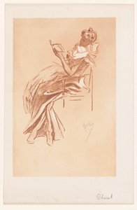 Mujer joven leyendo en una silla de Jules Cheret
