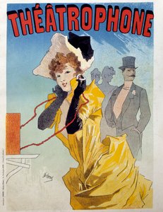 Cartel para el Teatrófono: una joven elegante escucha una obra de teatro a los oyentes. Ilustración de Jules Chéret (1836-1932) siglo XIX París, Artes Decorativas de Jules Cheret