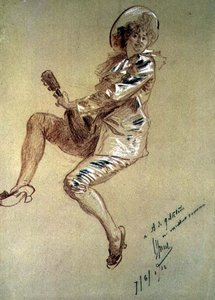 Pierrette sentada, tocando la mandolina de Jules Cheret