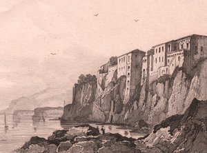 Vista de Sorrento con la casa de Torquato Tasso, Campania, Italia, grabado en acero de Sauvage sobre dibujo de Jules Coignet (1798-1860), ca 13x10 cm de Jules Coignet
