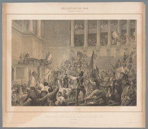 Insurgentes de París interrumpen reunión de la Cámara de Diputados Dernière séance de la chambre des députés (título sobre el objeto) Escenas de la revolución de febrero de 1848 (título de la serie) Revolution de 1848 (título de serie sobre objeto) de Jules  David