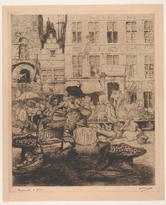 Paisaje urbano con mercado de frutas en Gante Mercado de frutas en Gante (título sobre objeto) de Jules De Bruycker (signed by artist)