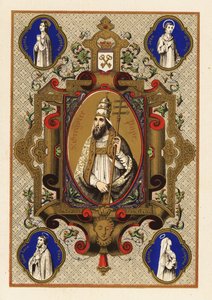 Retrato de San Gregorio, Papa Gregorio I, con triregno o triple corona, y férula papal, dentro de una orla decorativa de Jules Desportes