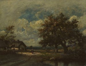 La cabaña junto al camino, cielo tormentoso, c. 1860 de Jules Dupré
