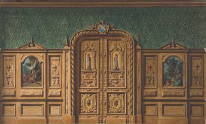 Diseño para una habitación con paneles de madera con pinturas y una puerta doble tallada, 1830-97 de Jules Edmond Charles Lachaise and Eugène Pierre Gourdet