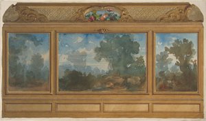 Elevación de un interior panelado decorado con paisajes pintados y covachas de Jules Edmond Charles Lachaise and Eugène Pierre Gourdet