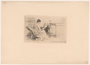 Mujer con ventilador en silla baja de Jules Ferdinand Jacquemart (attributed to)
