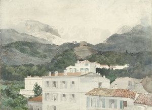 Casas de campo al pie de las montañas, altas montañas por delante, La Turbie de Jules Ferdinand Jacquemart