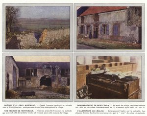 Brecha de un obús alemán, bombardeo de Montceaux, una casa de Montceaux, el armonio de la iglesia