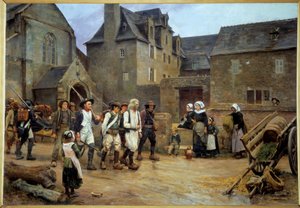 Revolución Francesa: "Les revolts de Fouesnant" Representación del caso Nedelec, vinculado a la instauración del nuevo régimen judicial, el juez de paz Alain Nedelec se niega a sesionar sin una patente firmada por la mano del rey. Los problemas terminan co de Jules Girardet