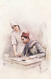 Lección de lectura. Postal de "La Guerra de las Naciones" que representa a una enfermera de la Cruz Roja aprendiendo a leer a un zapatero senegalés de Jules Girardet