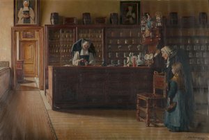La farmacia de la Sint-Janshospitaal de Brujas (óleo sobre lienzo) de Jules Lambeaux