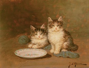 Dos gatitos con un cuenco vacío (óleo sobre tabla) de Jules Leroy