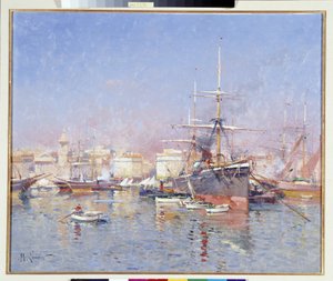 Goelette ancreada en el Puerto Viejo de Marsella Pintura de Jules Marcel Lenoir (1872-1931) Siglo XX Mención obligatoria: Colección Fundación Saludos de Provenza, Marsella de Jules Marcel Lenoir