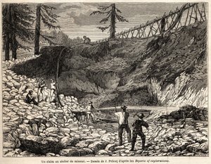 Una concesión minera o taller en California, dibujo de Jules Pelcoq, para ilustrar la historia del viaje del Barón de Wogan a California en 1850-1852. Grabado en “Le tour du monde, nouveau journal des voyages” París de Jules Pelcoq