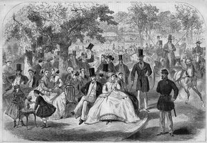 Escena de la vida parisina, una tarde en el Bois de Boulogne en el siglo XIX. Grabado de un dibujo de Pelcoq. En 