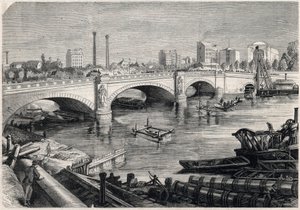 Transformaciones de París bajo el Segundo Imperio, Haussmann París: obras realizadas frente al puente del Alma en París para el paso del colector de alcantarillado en el fondo del Sena. Dibujo de Jules Pelcoq. Grabado en "El Universo Ilustre". de Jules Pelcoq