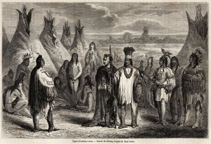 Tipos de indios Crees de Canadá, dibujo de Pelcoq, para ilustrar la exploración de las Montañas Rocosas en 1857-59 por el Capitán John Palliser. Grabado en "Le tour du monde, nouveau journal des voyages" París de Jules Pelcoq