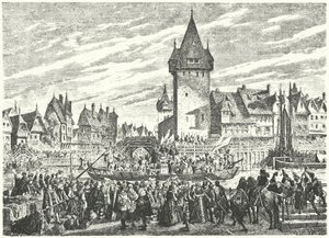 El Hirsebreifahrt, transporte de un cargamento de mijo por barco desde Zúrich al aliado de la ciudad, Estrasburgo de Jules Theophile (after) Schuler
