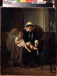 El aseo matutino. Una madre (¿o criada?) ayuda a un niño a vestirse. Pintura de Jules Treyer(1824-1908). Óleo sobre lienzo, 47 x 39 cm