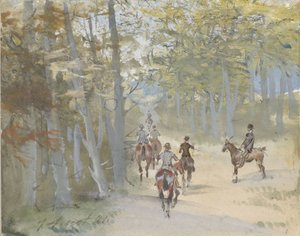 Paisaje forestal con jinetes