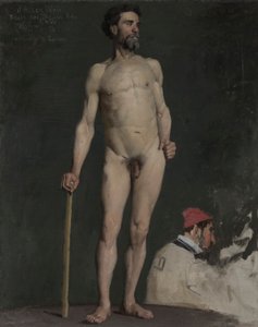 estudio de un desnudo masculino apoyado en un bastón