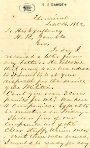Carta firmada por Julian Bates, Florissant, a Su Excelencia H.R. Gamble, 16 de septiembre de 1862