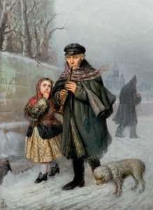 Clarinetista - Escena callejera de San Petersburgo (Clarinetista mendigo con niña y perro). de Julian Bończa Tomaszewski