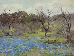 Primavera temprana—Bluebonnets y mezquite de Julian Onderdonk