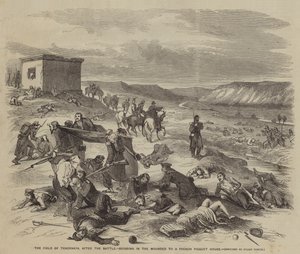 El campo de Tchernaya, después de la batalla, llevando a los heridos a una casa de piquete francesa de Julian Portch