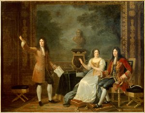 Jean Racine (1639-1699) leyendo "Athalie" ante Luis XIV (1638-1715) y Françoise d