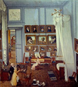Vista interior de la residencia del Caballero Pradel de San Carlos Una gran cama con dosel adorna la habitación utilizada como taller. Un niño juega y una joven está delante de un piano. Pintura de Julie Pradel (siglo XIX) 1820 Colección privada