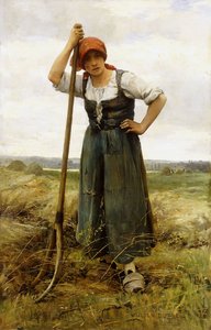 Campesina apoyada en una horca