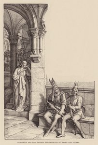 Criemhild y sus caballeros incomodados por Hagen y Volker (grabado)