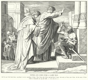 Pedro y Juan Curan a un Hombre Cojo (grabado) de Julius (after) Schnorr von Carolsfeld